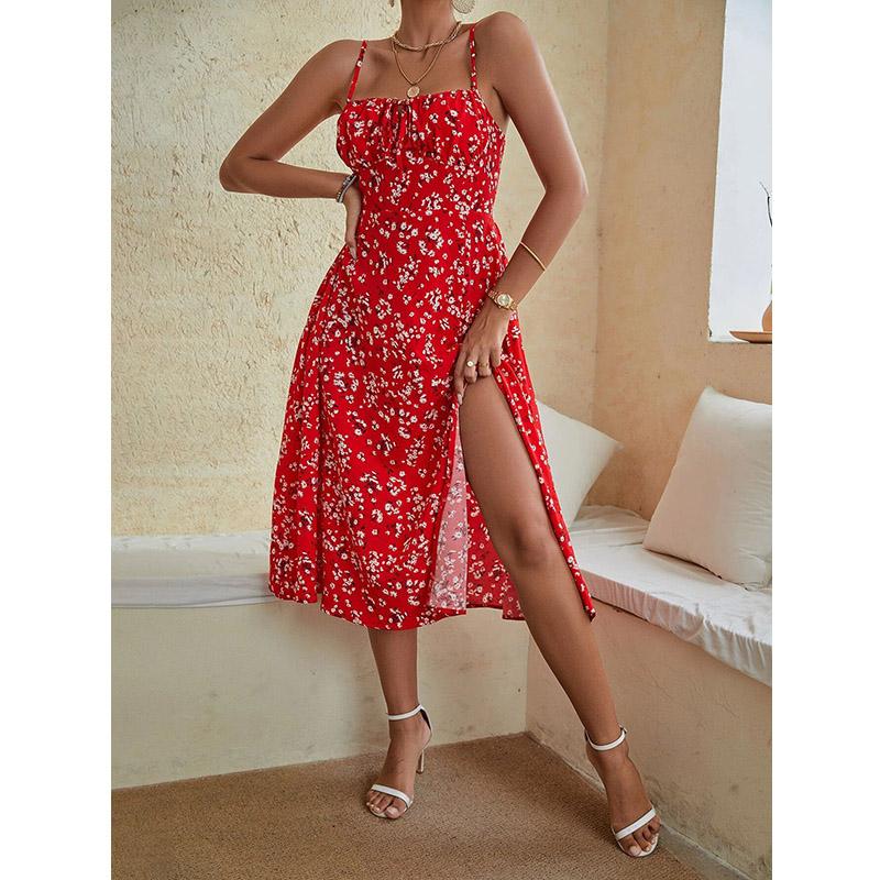 Летние женские платья для отдыха Slim Fit без рукавов с высокой талией, длинное платье А-силуэта с цветочным принтом и разрезом