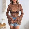 Spring Summer Ladies Mesh Printed Round Neck Flared Sleeve Long Sleeve T-Shirt