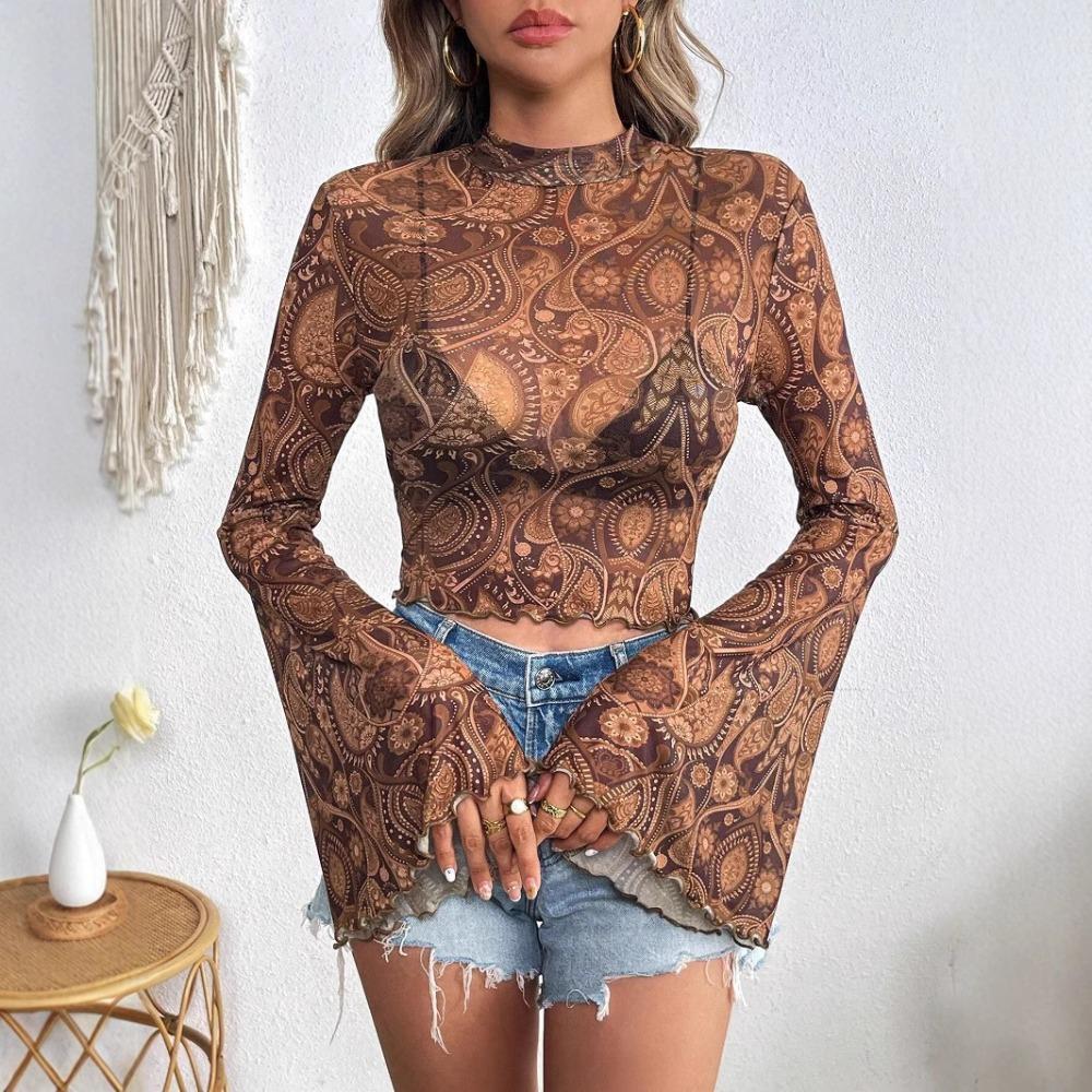 Spring Summer Ladies Mesh Printed Round Neck Flared Sleeve Long Sleeve T-Shirt