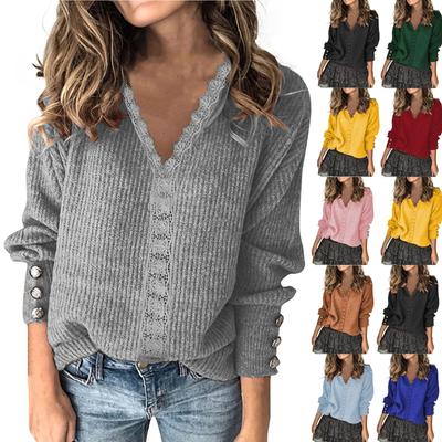 Женский однотонный кружевной пуловер с V-образным вырезом, свободный свитер с длинными рукавами