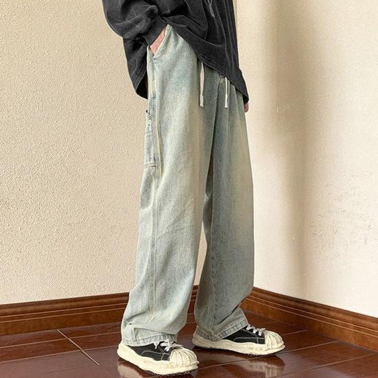 Мужские летние джинсовые брюки со средней посадкой и эластичной резинкой на талии, джинсы-карго с несколькими карманами, прямые широкие брюки High Street