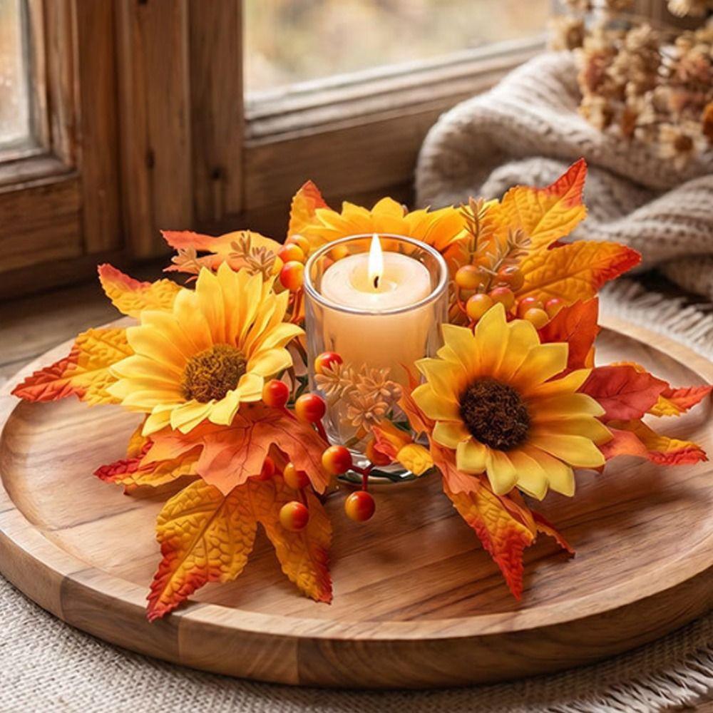 Fade Resistant Sunflower Maple Candle Ring Wreath Fall Decoration
