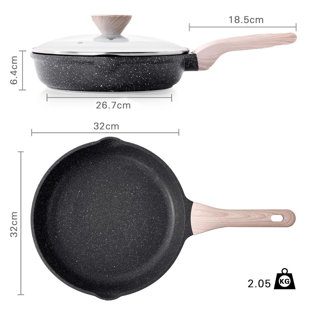 Сковорода с плоским дном и антипригарным покрытием для жарки стейков, омлетов, блинов, завтраков, блюд вок, а также для газовых и индукционных плит.