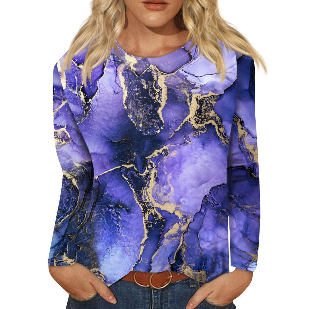 Women's Fashion Casual Long Sleeve Print Round Neck Pullover Top Blouse
