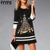 Women's Fashion Spring Autumn Christmas Print 3/4 Sleeves O-Neck Casual Dresses