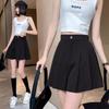Women's 2024 Summer Black Pleated Wide-Leg High-Waisted A-Line Shorts