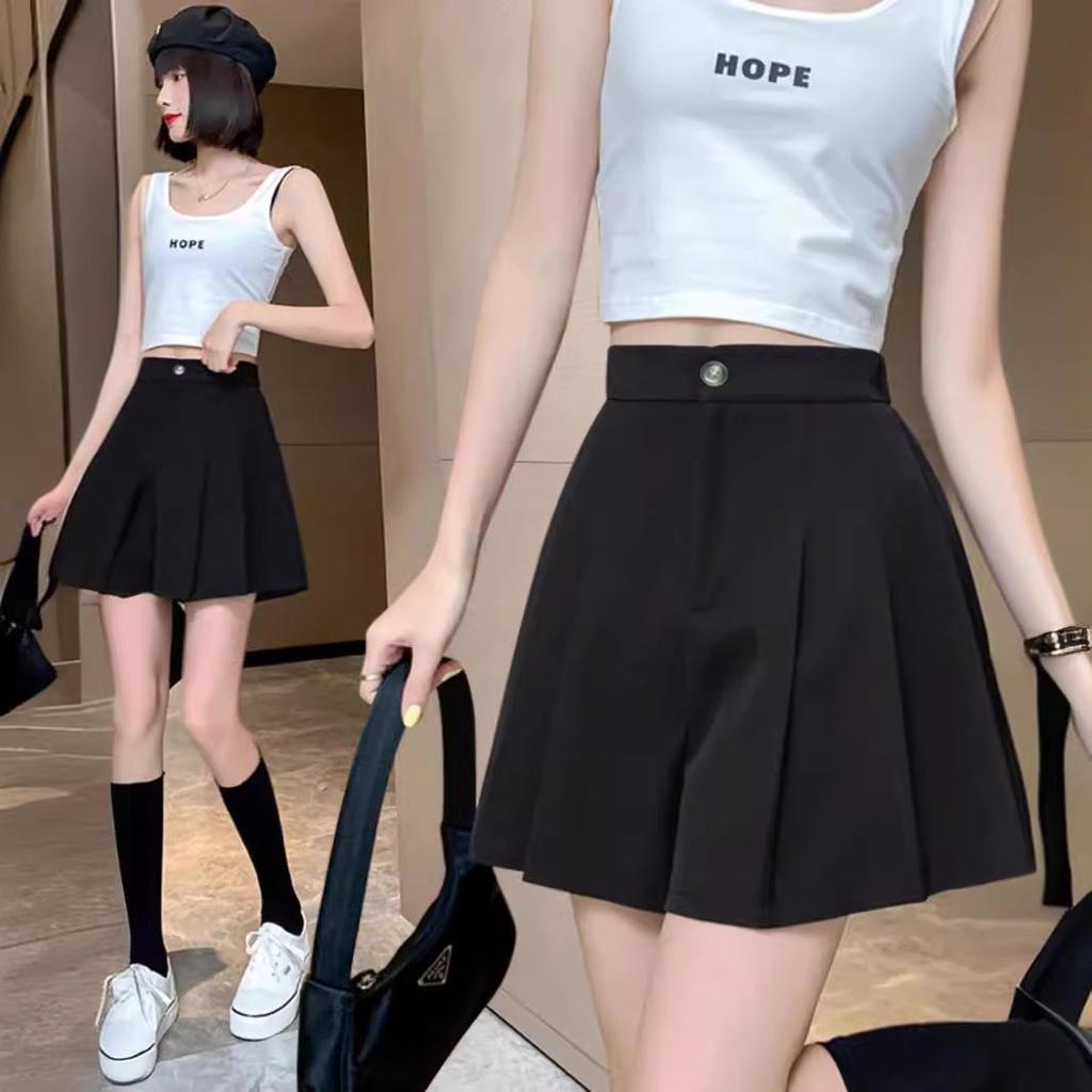 Women's 2024 Summer Black Pleated Wide-Leg High-Waisted A-Line Shorts