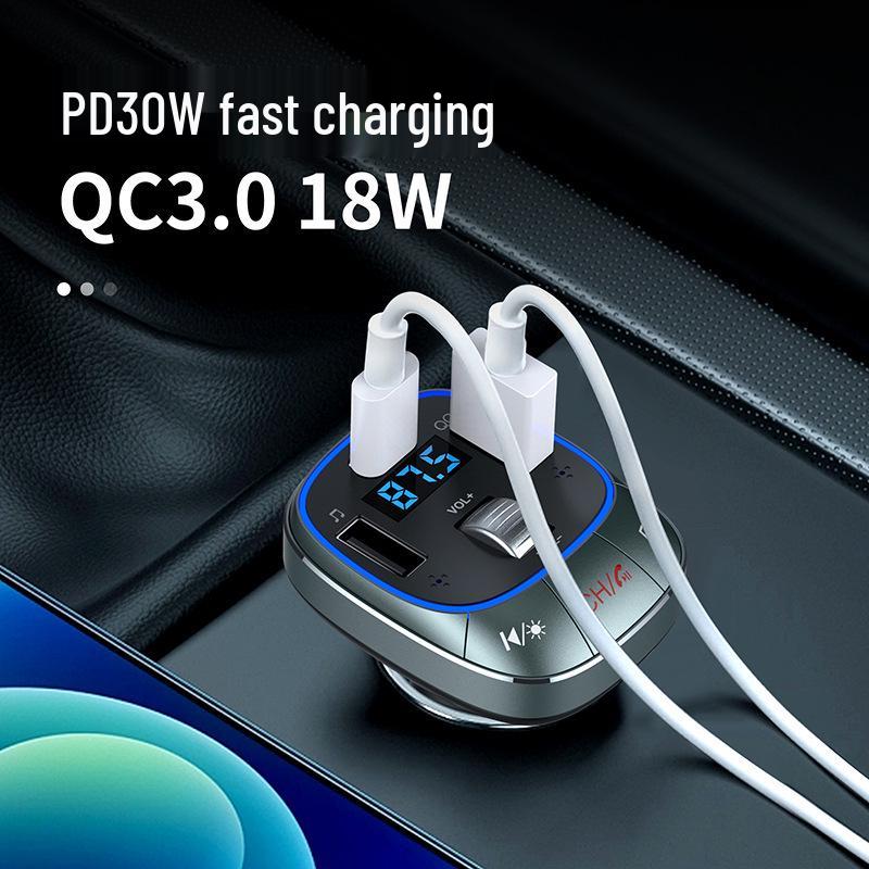 Bluetooth FM Transmitter & Car Charger with Fast Charging PD30W QC3.0, Ambient Light, USB Drive, and Music Playback
