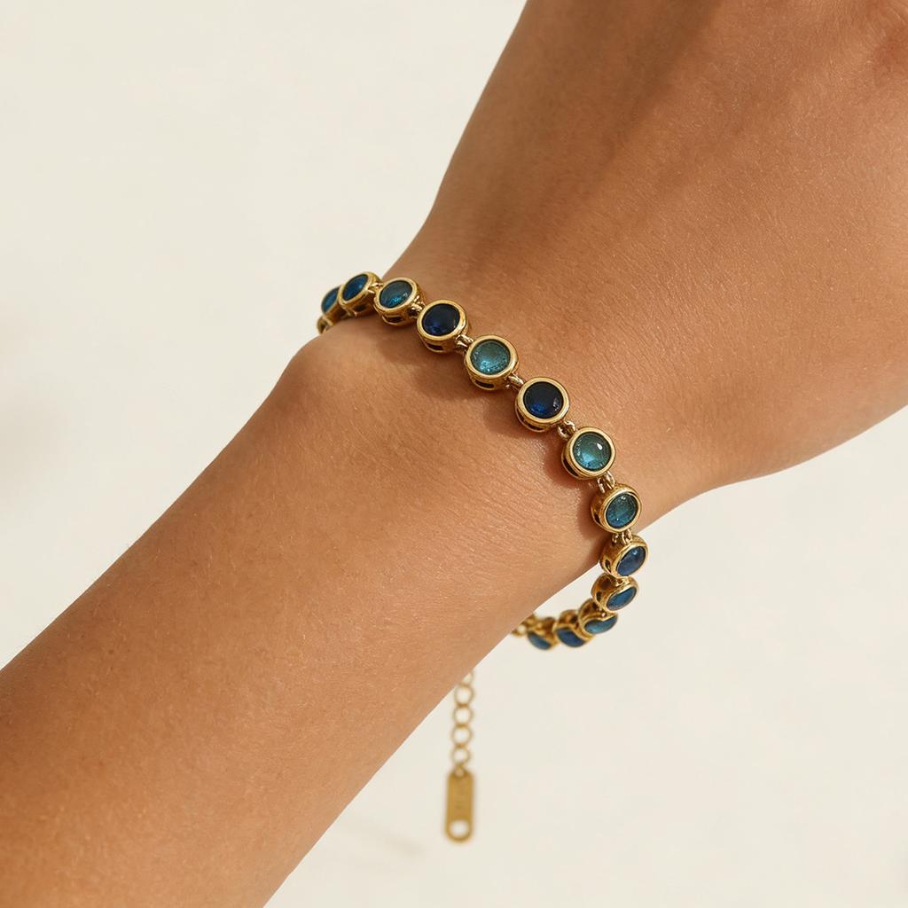 `18K Gold Plated Blue CZ Tennis Bracelet for Women Stainless Steel Round Crystal Bezel Chain Party Gift Custom`