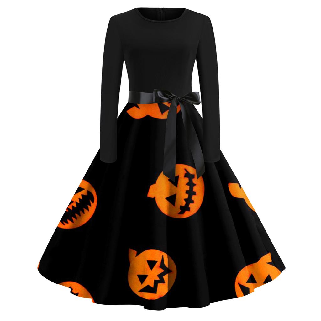 Женское расклешенное платье с принтом на Хэллоуин для женщин, платье с длинным рукавом, вечерние повседневные платья