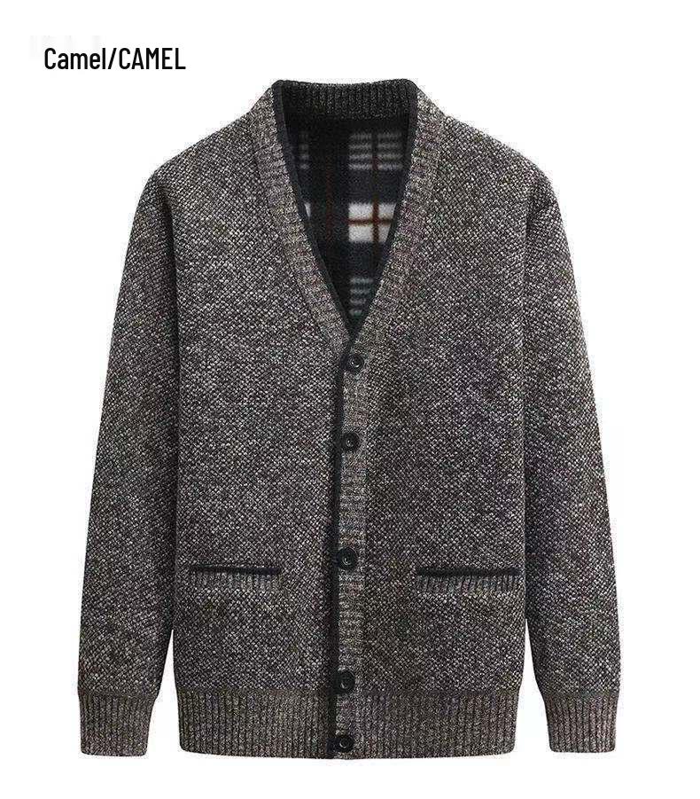 Мужской зимний утолщенный свитер-кардиган с V-образным вырезом и бархатом для людей среднего и пожилого возраста