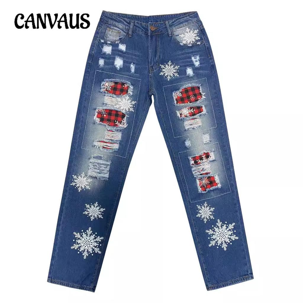 Прямые джинсы женские брюки с рождественским принтом в виде снежинок рваные джинсовые брюки