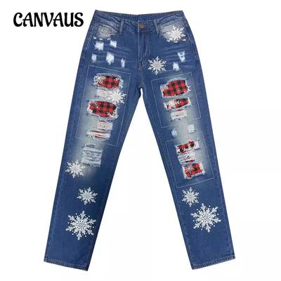 Прямые джинсы женские брюки с рождественским принтом в виде снежинок рваные джинсовые брюки