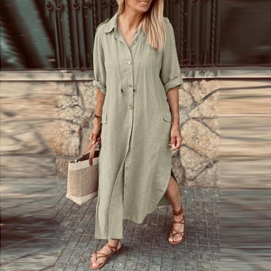 Women Fashion Casual Cotton Linen Dress Solid Color Long Sleeve Long Dress