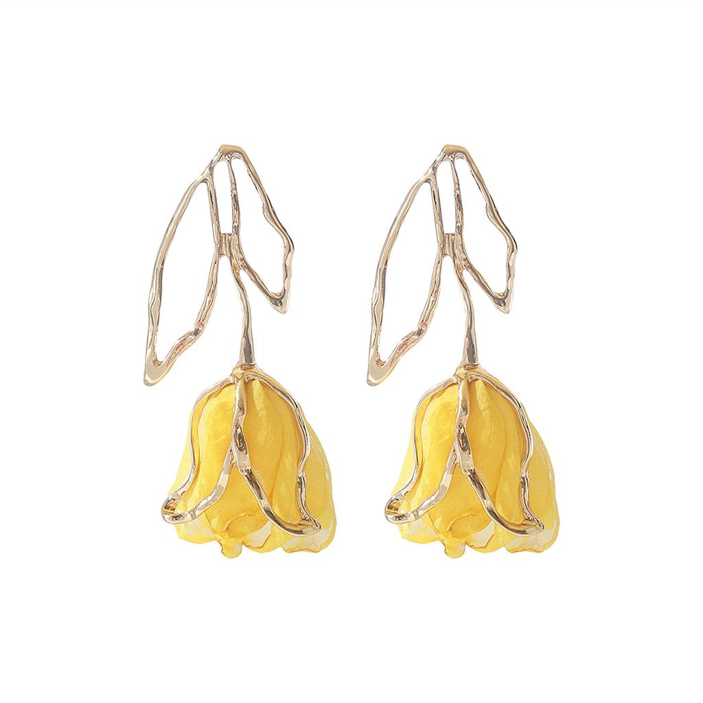 E11101 sweet high-grade geometric hollow three-dimensional fabric flower earrings fashionable personality niche design earrings