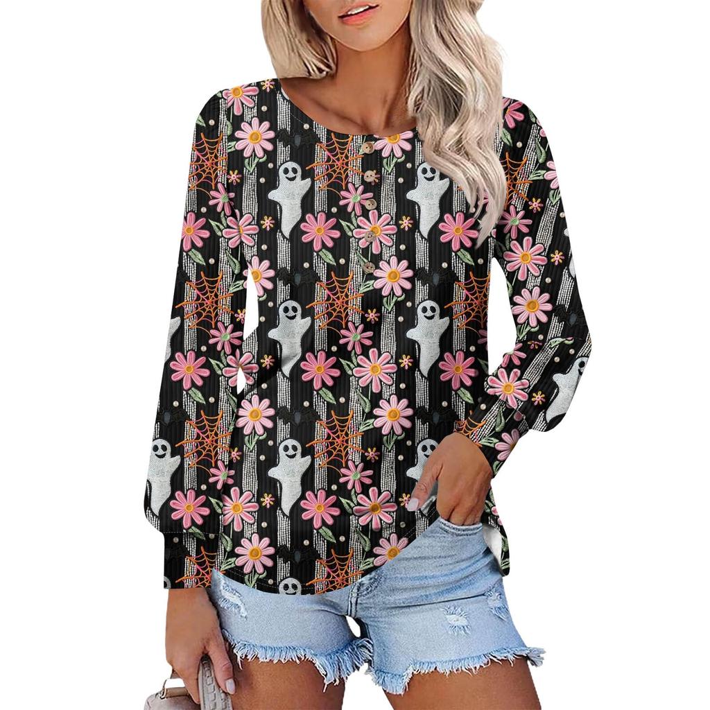 Женские футболки с длинным рукавом и круглым вырезом, принты на Хэллоуин, рубашки с рукавами-фонариками, блузки на пуговицах, топы