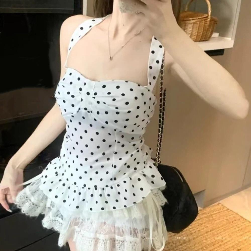 Slim Fit Y2k Dot Crop Top Sleeveless Women Camisole Fashion Halter Ruffle Vest Top Summer