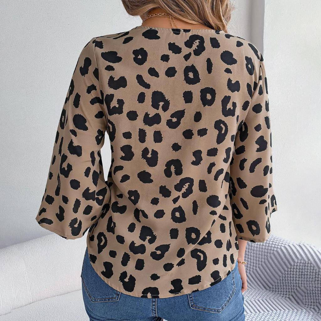 Women Spring Autumn Temperament Leopard Print V-Neck Long Sleeve Shirt Blouses