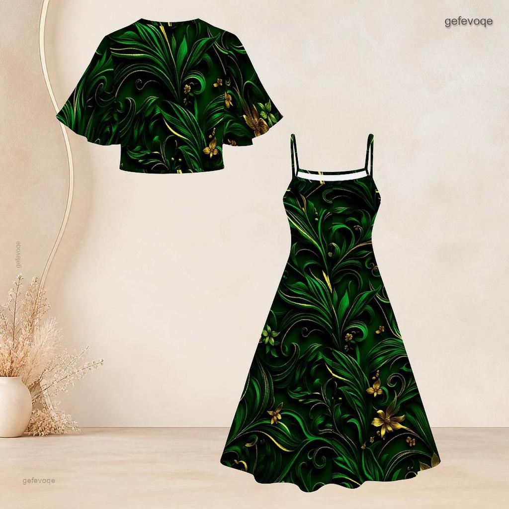 Women Plus Size Two Piece Dress Set Batwing Sleeve Cropped Shrug Strappy Floral Printed Black Flared Dress