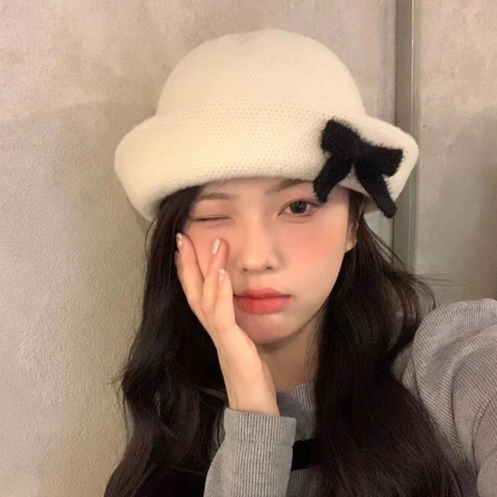 Korean Style Woolen Fishing Cap Knit Women Bucket Hat Fashion Bow Bucket Cap  Spring Summer