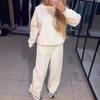2 Pcs/Set Women Top Pants Suit Round Neck Long Sleeves Rhinestone