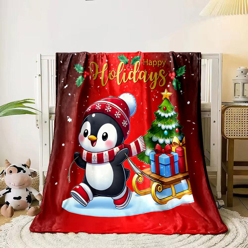 Cute Penguin with Gifts and Holiday Tree print blanket soft and cozy perfect for the living room bed sofa or a nap,gift