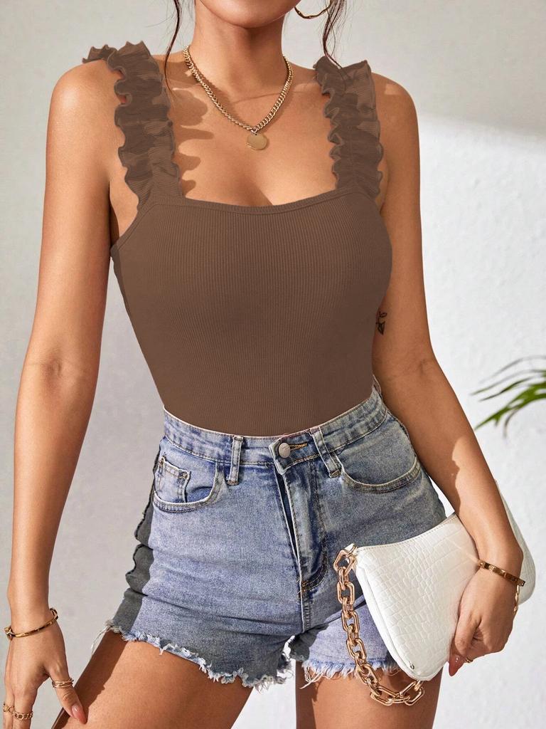 Women's Knitted Camisole Undershirt Tops Solid Color Sexy Inner Take Outside Sleeveless Jumpsuit Basic T-shirts Tank Top
