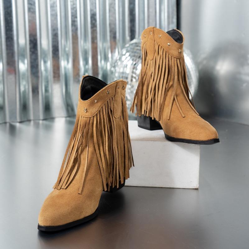 Fashion Lady High Increasing Heel Boots Short Tassel Boot with Fur for Winter and Autumn Chunky Sole Women Warm Shoes Plus Size Brown