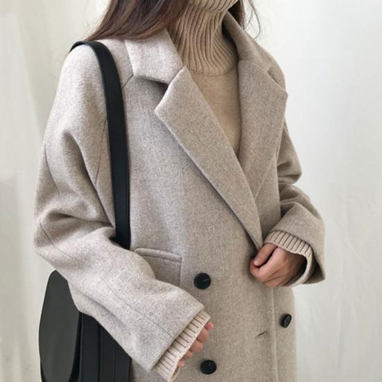 Женское осенне-зимнее пальто, двубортное сплошное цветное пальто на пуговицах с длинным рукавом, толстые лацканы средней длины, большие размеры, женская куртка со свободными карманами