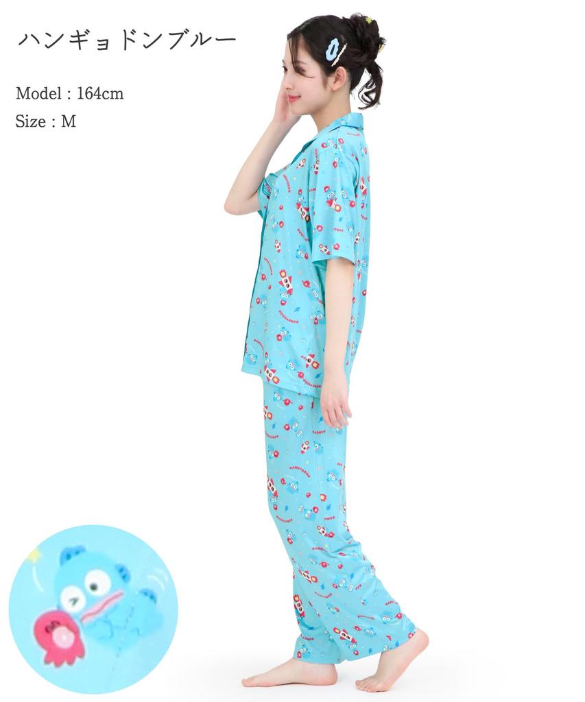 SAZAC Cosmic Hangyodon Shirt Powder Stretch Short Sleeve and Long Pants Loungewear Pajamas, Fabric, Women's Set, (Blue/L/SAN1953)