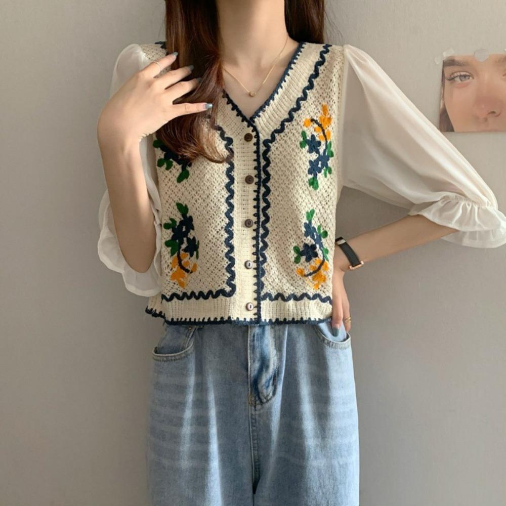 Flower Embroidery Chiffon Sleeve Shirts Button Front Short Top New Crochet Blouse Women