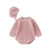 Baby Girls Knit Romper Set, Long Sleeve Crew Neck Solid Romper with Hat for Fall Winter
