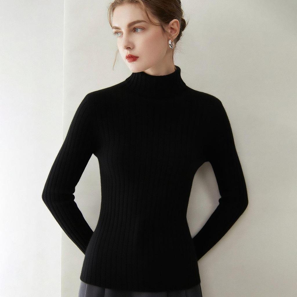 Women's Pure Cashmere Long Sleeve Sweater - New Autumn/Winter Stylish Base Layer with Stack Collar