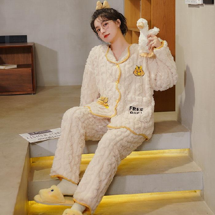 Коралловый флис утолщенная пижама женская осень-зима плюшевая с добавлением милого розового фланелевого комплекта домашней одежды для девочек повседневная ночная одежда
