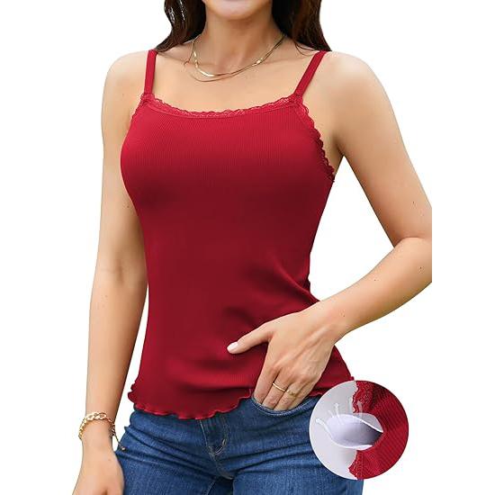 CHARMLEAKS Женская кружевная майка со встроенным бюстгальтером, регулируемые бретельки-спагетти, майка-топ, салатовый подол, ребристая майка