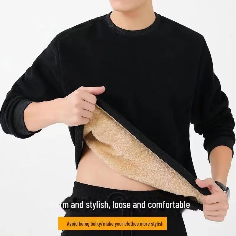 Men's Velvet-Lined Lamb Fleece Sweatshirt - Round Neck, Loose Fit, Warm, Long Sleeve, Autumn/Winter.