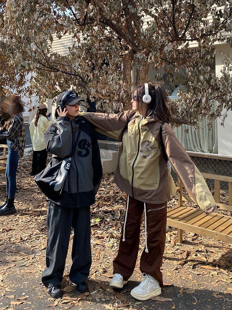 Унисекс Трендовая Ветровка с Капюшоном Контрастного Цвета - Повседневная Куртка Свободного Кроя на Осень