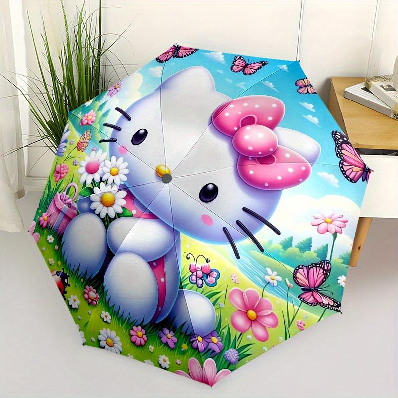 Hello Kitty,Spring Flowers Automatic Folding Umbrella-Simple 8-Rib Design, Bright Cartoon Pattern, Durable Iron Frame, Suitable For Travel,