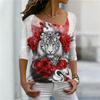 Slanted  Neck 3D Tigers and Flowers Printed Top Fashionable Casual Long Sleeved Women's T-shirts
