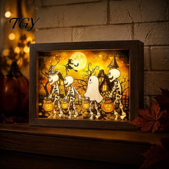 Modern Holiday Home Accents Ghost Photo Frame Lamp, Halloween Lighted Shadow Box, Seasonal Shelf Gothic Skeleton Table Centerpiece for Bedroom Living