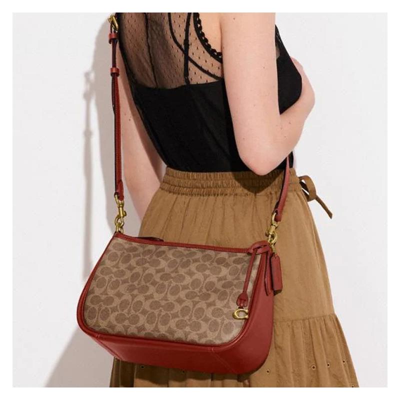 Coach Кэри 28 классическая для пресбиопии на молнии с металлической пряжкой, логотип C, покрытие из холста и телячьей кожи, портативная, на плечо, через плечо, большого размера, женская, коричневая
