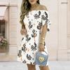 Women Plus Size Off Shoulder Short Sleeve Tie Cuff Cartoon Printed White A Line Dress
