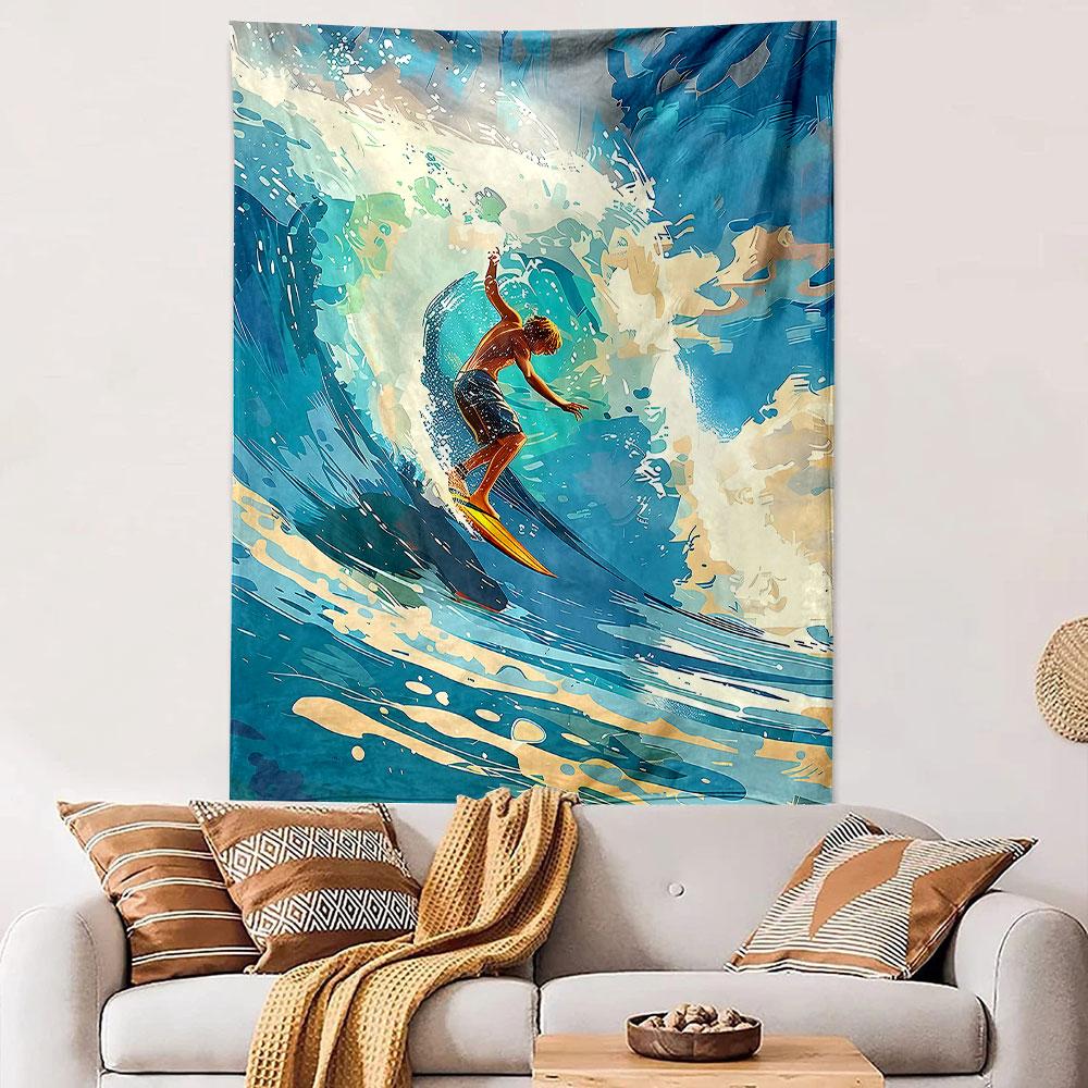Surfer Carving Big Blue Wave Painterly Ocean Wall Tapestry Surfing Decor for Bedroom Living Room Dorm Gift