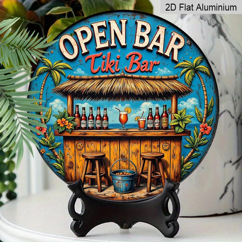 2D Flat - 1pc Vintage Tropical Beach Tiki Bar Metal Aluminum Sign, Aluminum Wall Art with Palm Trees, Cocktails & "Open Bar" Text - Vibrant Coastal