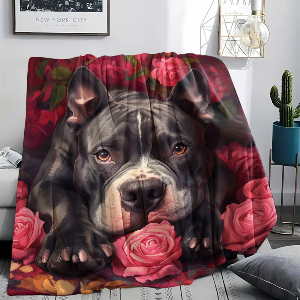 Pitbull and roses,pattern Flannel Blanket, High quality Comfortable for All Seasons, Home Decor, Warmth and Comfort, Perfect for Gifts.