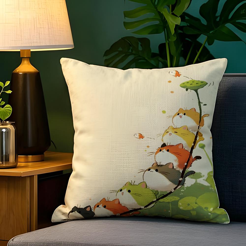 Spring Sunshine Cat Illustrations  Pillow Case Natural Linen Pillow Case DoubleSided Decor Sofa Pillowcase Home Decor
