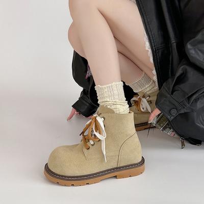 Модные замшевые ботинки Мартин Осень Винтажные ботинки с коротким голенищем Матовые на шнуровке На плоской подошве Универсальные ботинки Женские полусапожки