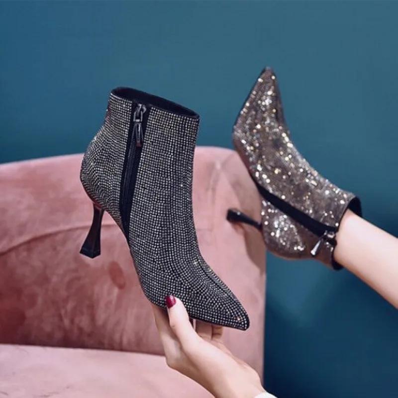 Fashion Booties Heeled Very High Heels Female Short Shoes Sexy Combat Pointed Toe Punk Style Rhinestone Women's Ankle Boots Boot New In