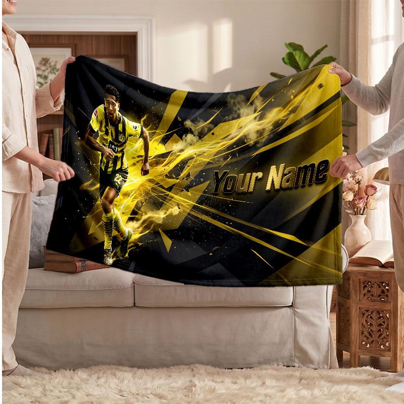 Jude Bellingham Personalized Fleece Blanket With Football Logo, Custom Name Text Soft Warm Home Throw Blanket