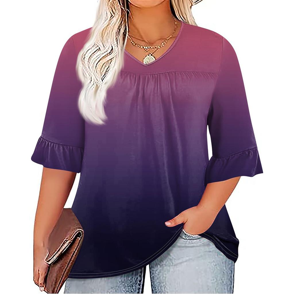 Женская мода, повседневная плиссированная футболка с v-образным вырезом и принтом, семиминутная футболка с рюшами и рукавами, топы больших размеров